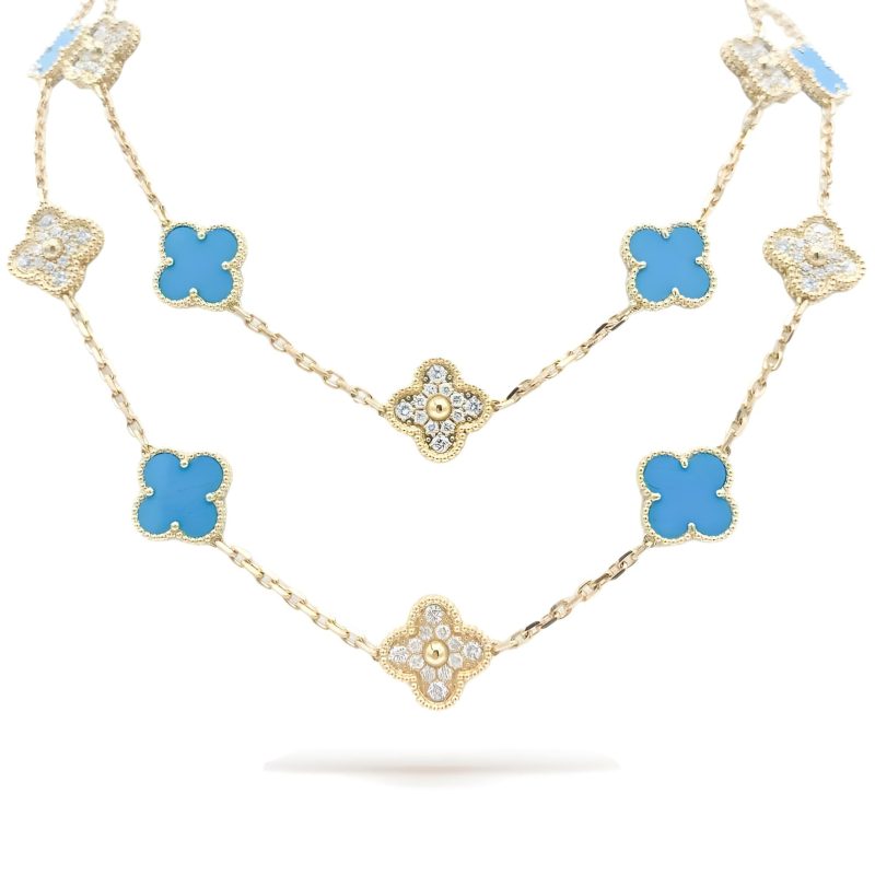 Jewelver Vintage Alhambra Turquoise Diamond 20 Motifs Long Necklace Gift