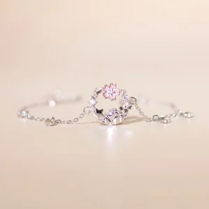 Cherry Blossom Flower Charm Silver Bracelet-2