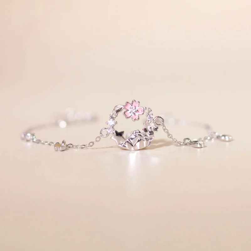 Cherry Blossom Flower Charm Silver Bracelet-2