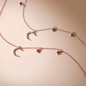 Moon And Star Silver Bracelet In Rose Gold, Platinum Tones-1