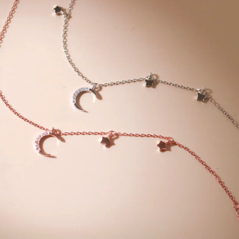 Moon And Star Silver Bracelet In Rose Gold, Platinum Tones-1